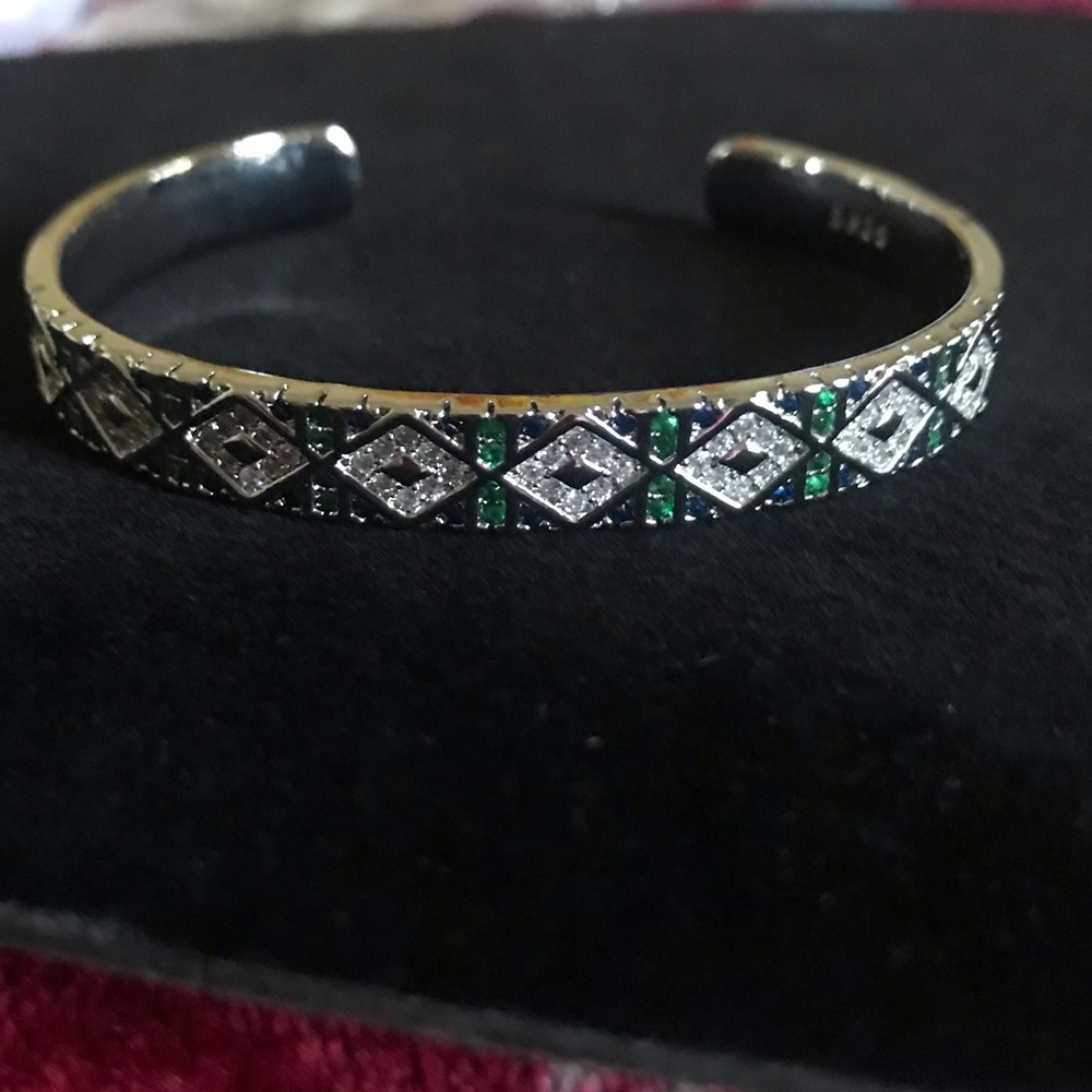 Sterling Silver Open Cuff Bracelet with Green & Clear Stones